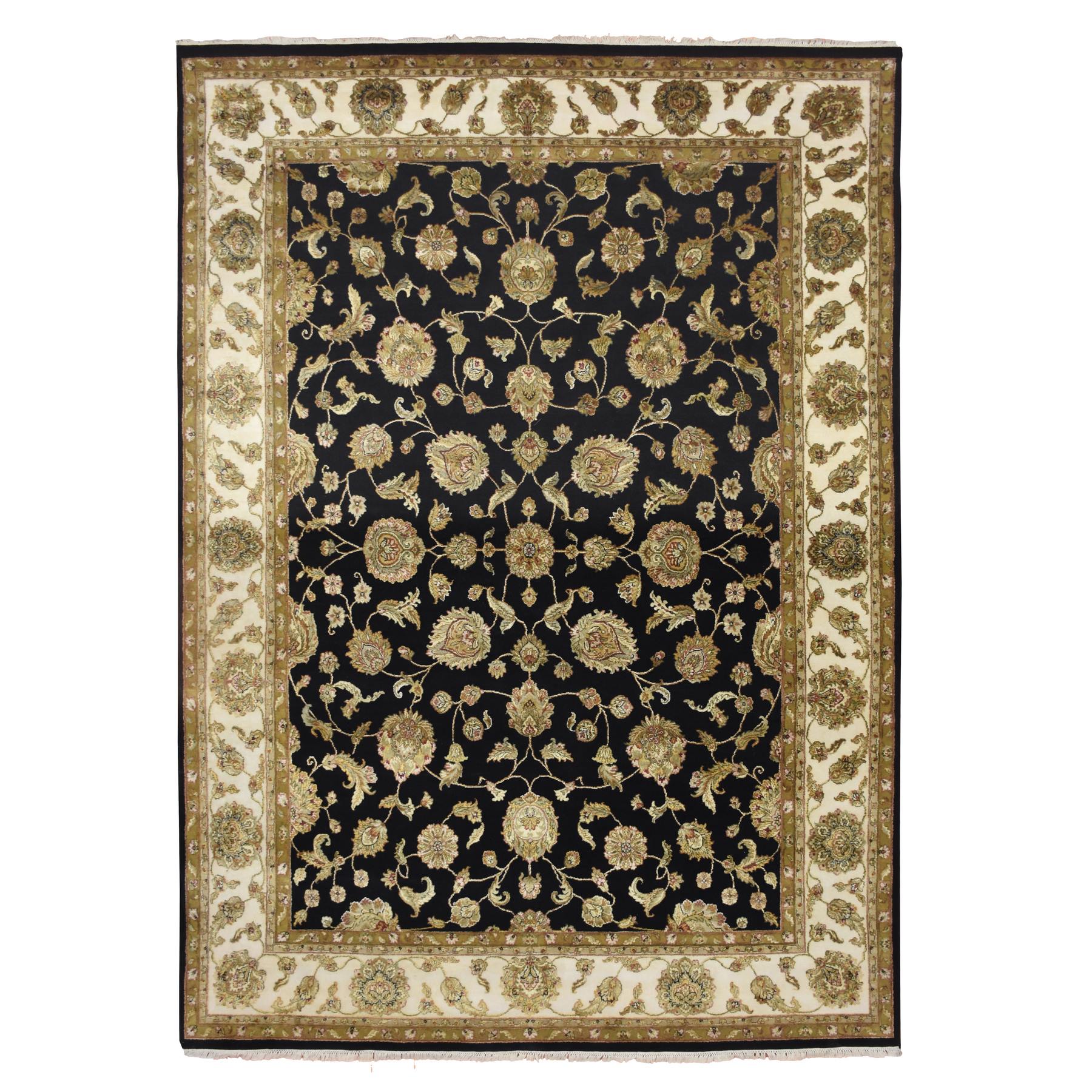 Jade Black, Rajasthan with All Over Leaf Design, Hand Knotted, Wool and Silk, Densely Woven, Thick and Plush, Oriental Rug